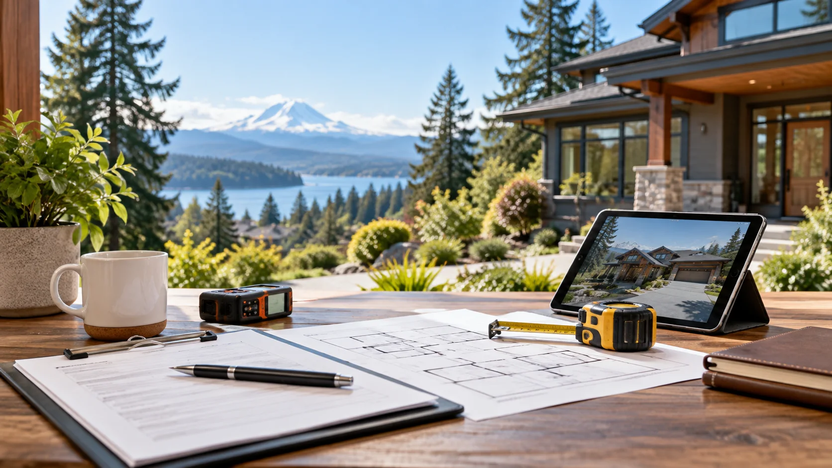 Residential appraisal workspace with property plans and measuring tools